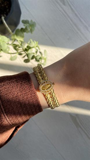 Örgü Burmalı Osmanlı Tuğralı Taşlı Altın Kelepçe