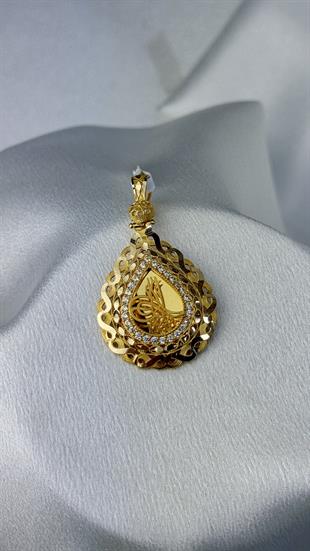 Tuğralı Taşlı Damla Altın Kolye Ucu