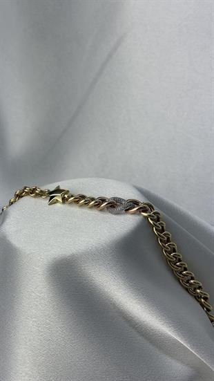 Üç Renk Taşlı Ve Yıldız Figürlü Altın Halka Bileklik