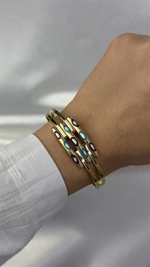 Üç Sıralı Nazar Mineli Altın Kelepçe Bilezik