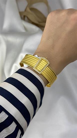 Zirkon Taşlı Hasır Altın Kelepçe Bilezik