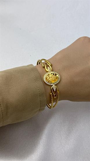 Zirkon Taşlı Tuğralı Altın Kelepçe Bileklik