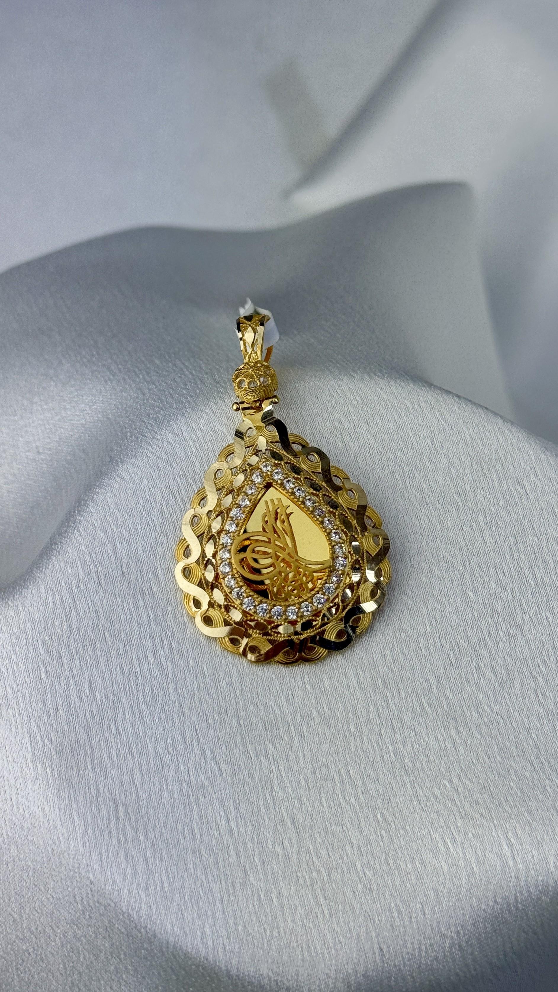 Tuğralı Taşlı Damla Altın Kolye Ucu