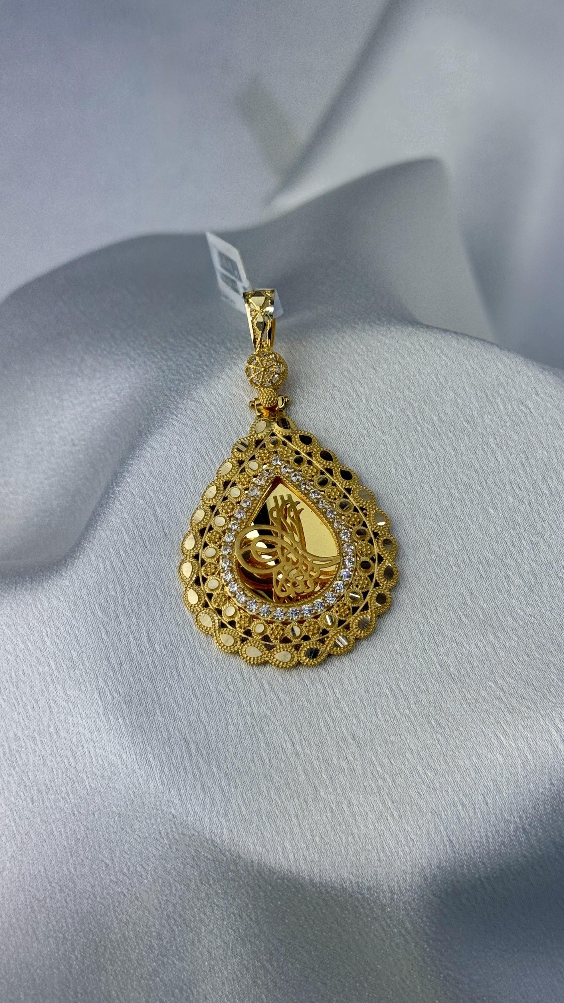 Tuğralı Taşlı Damla Altın Kolye Ucu