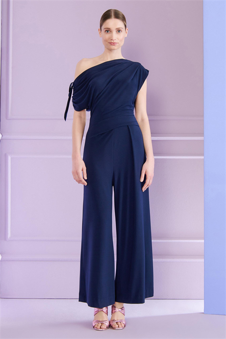 Talbot Runhof Kayık Yaka Geniş Paça Lacivert Krep Tulum