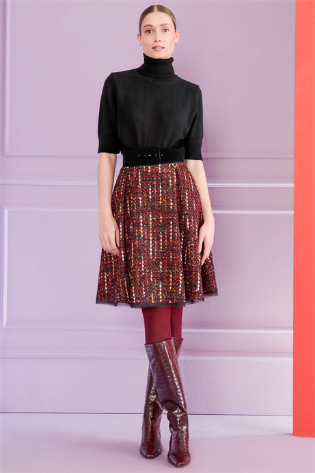 Talbot Runhof Orta Boy Pullu Tüvit Kırmızı Kloş Etek