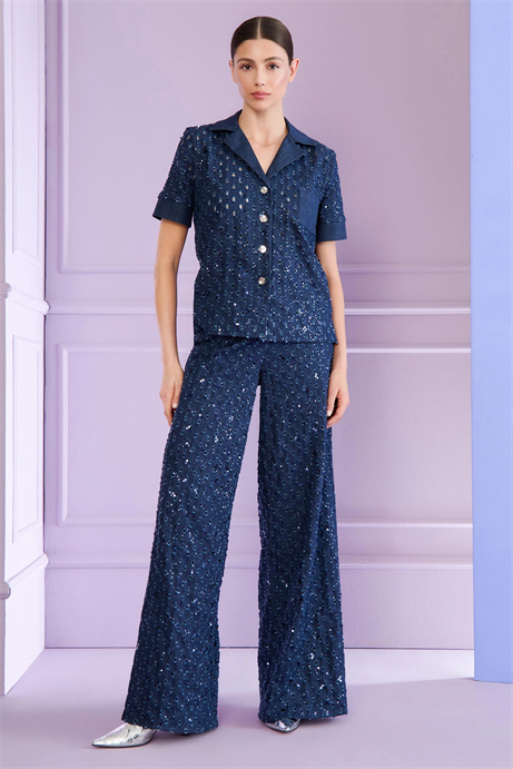 Talbot Runhof Yüksek Bel Geniş Paça Payetli Denim Pantolon