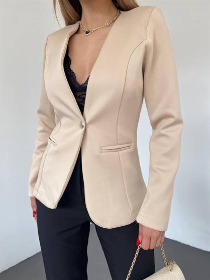 Kadın İçi Astarlı Dalgıç Kumaş Bele Oturmalı Tek Düğmeli Ceket