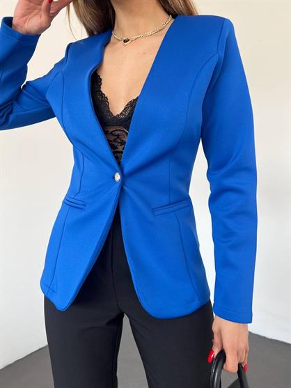 Kadın İçi Astarlı Dalgıç Kumaş Bele Oturmalı Tek Düğmeli Ceket