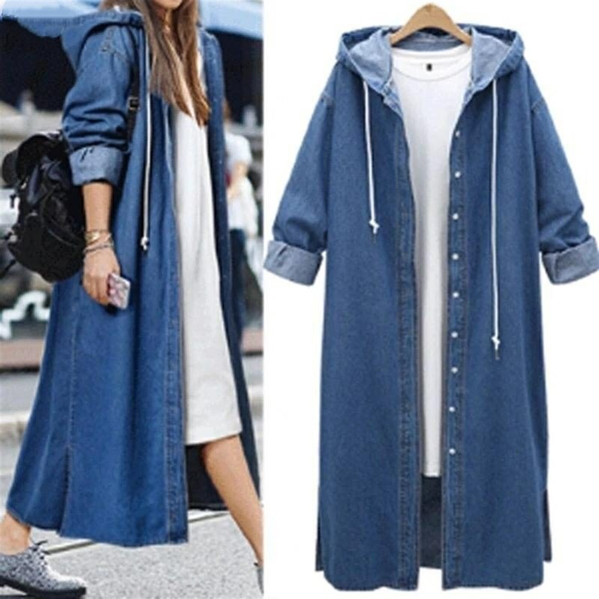 Kadın Mavi Kapşonlu Düğmeli Kot Gömlek Elbise(40 (S) - 42 (M) - 44 (L) - 46  (XL) - 48 (2XL) - 50 (3XL)) - Viyamo