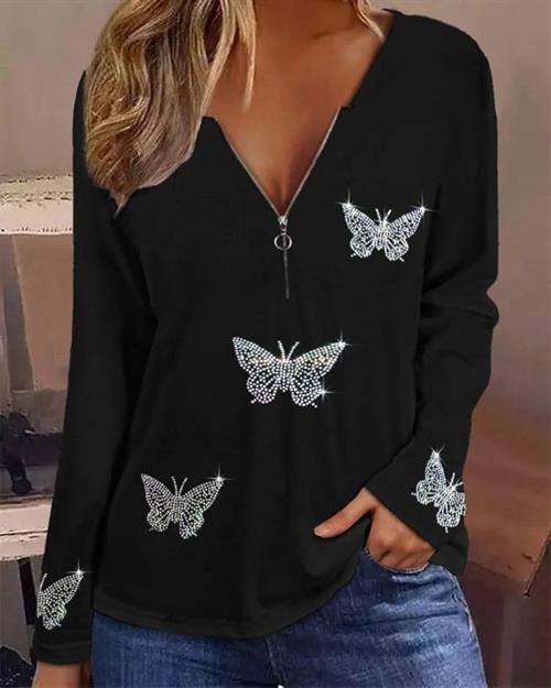 Kadın Uzun Kollu Taş Işlemeli Kelebek Desen Fermuarlı Viskon Bluz