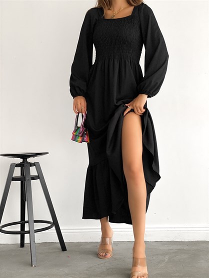 Kadın Siyah Gipeli Kol Lastikli Maxi Elbise Kemersiz