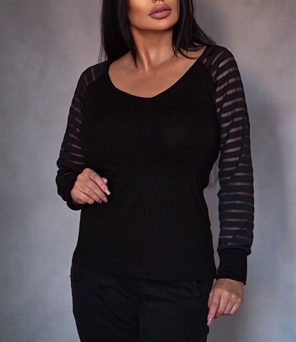 Kadın Siyah V Yaka Kol Tül şerit Detaylı Viskon Bluz