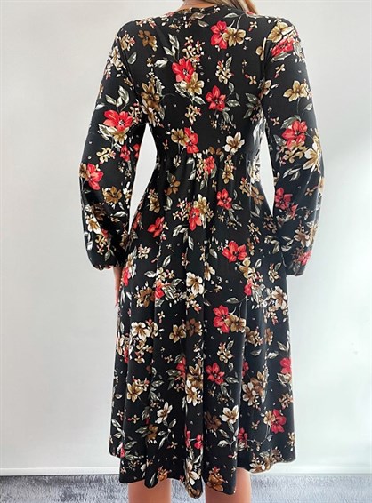 Kadın Uzun Kollu V Yaka çiçek Desenli Krep Elbise (kemersiz)