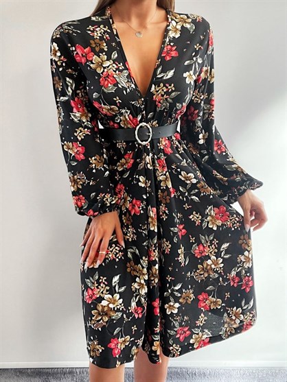 Kadın Uzun Kollu V Yaka çiçek Desenli Krep Elbise (kemersiz)