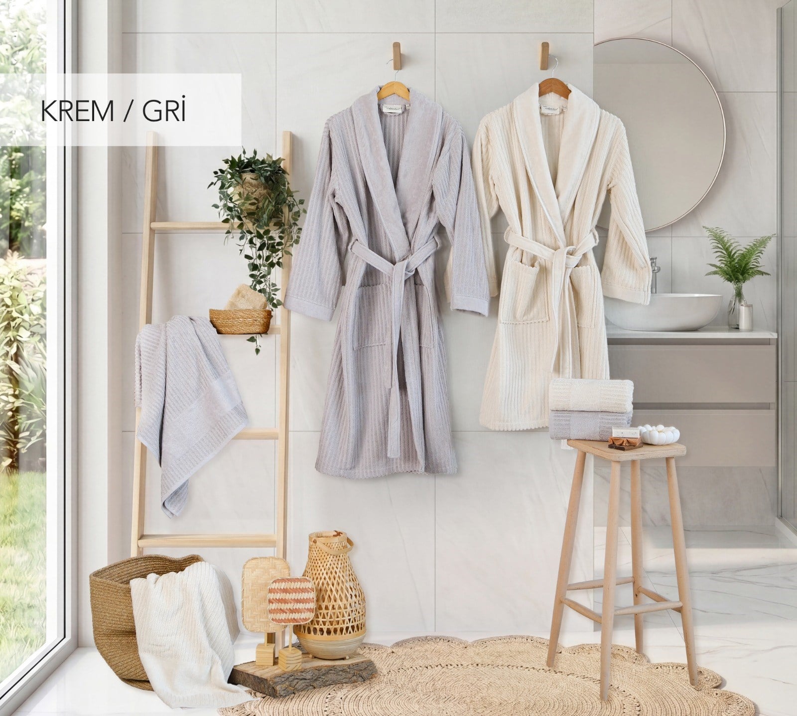 Soft Linen Aile Bornoz Seti - Krem - Gri
