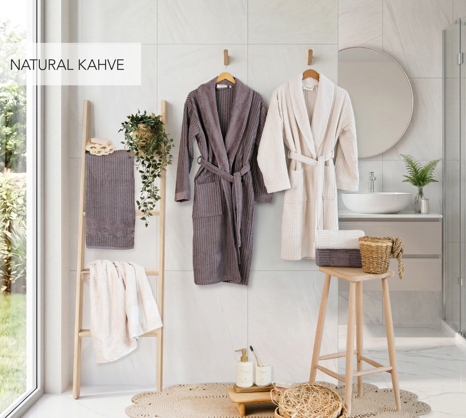 Soft Linen Aile Bornoz Seti - Natural Kahve