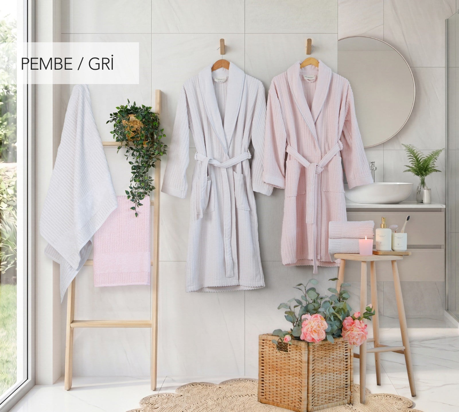 Soft Linen Aile Bornoz Seti - Pembe-Gri
