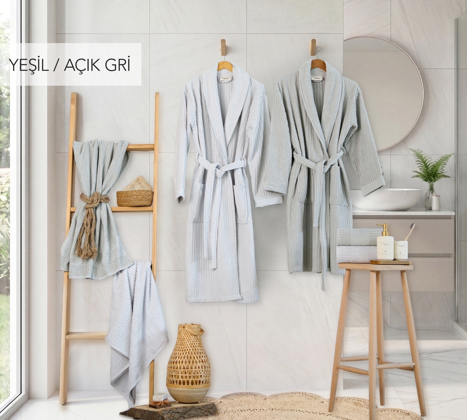 Soft Linen Aile Bornoz Seti - Yeşil - Açık Gri