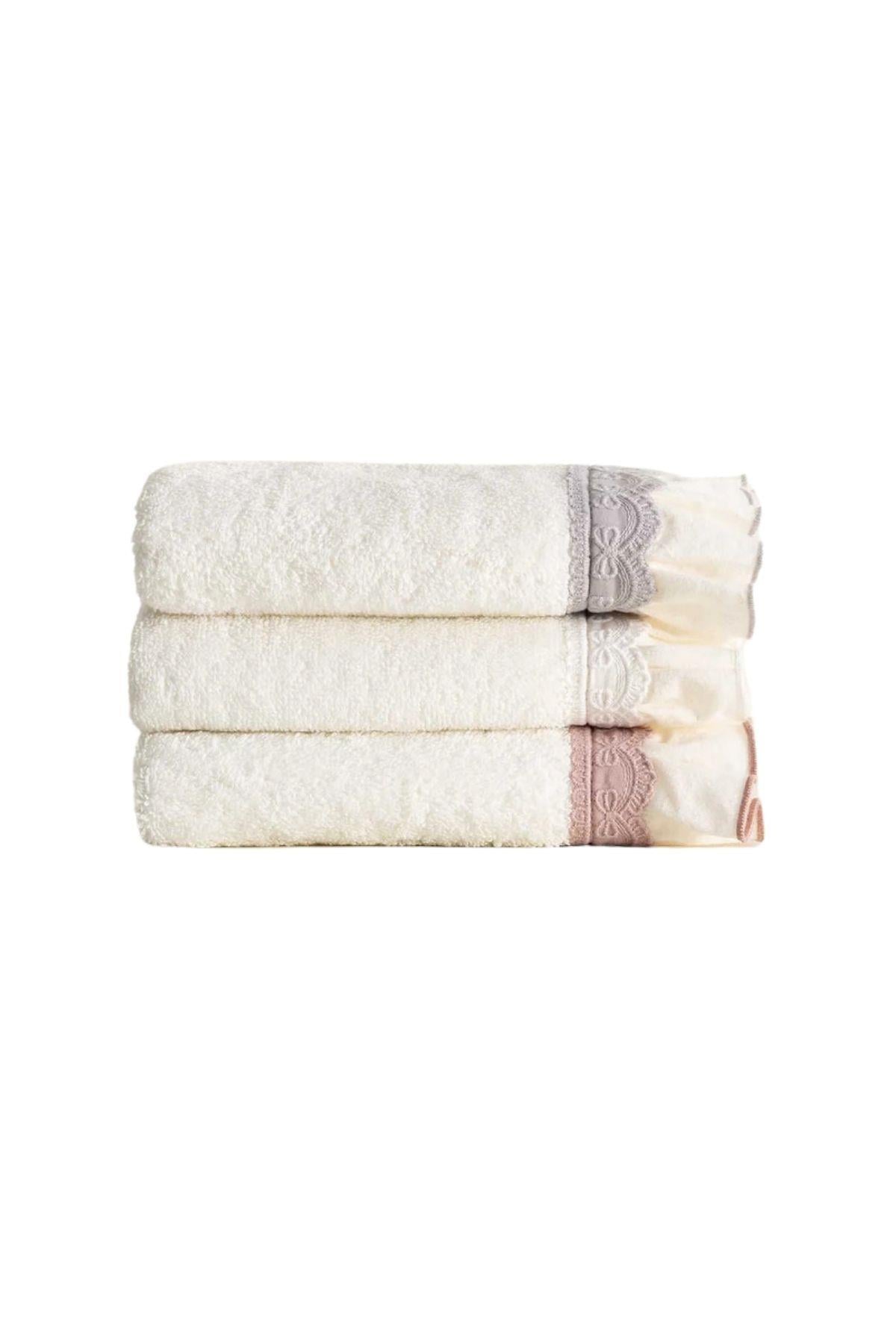 Ecocotton Alessa 3'lü Kurulama Havlusu %100 Organik Pamuklu Dantelli Krem-Pudra-Gri 30X50 Cm