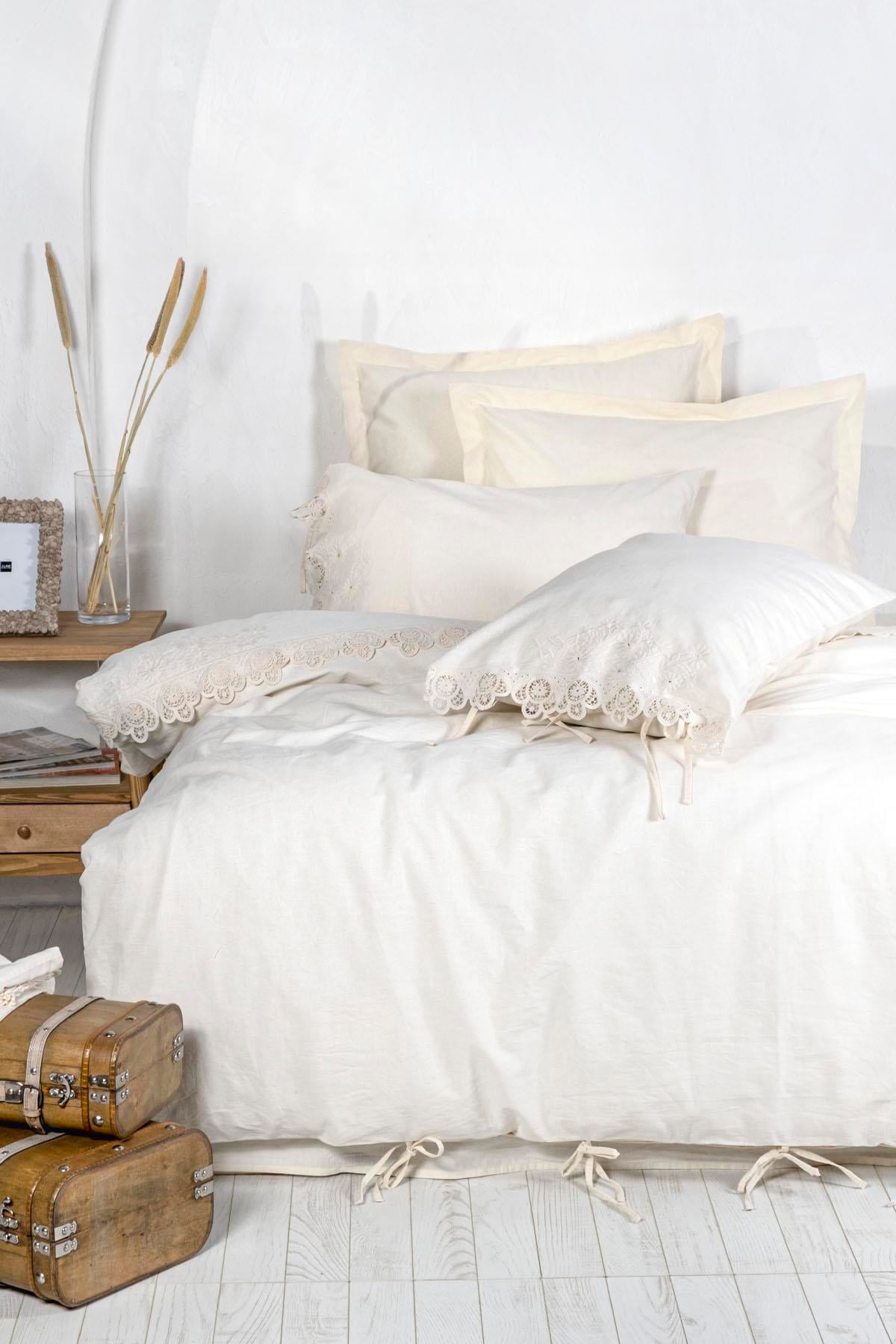 Ecocotton Amanda Çift Kişilik Nevresim Takımı %100 Organik Pamuk Keten Dantelli Krem 200x220 Cm