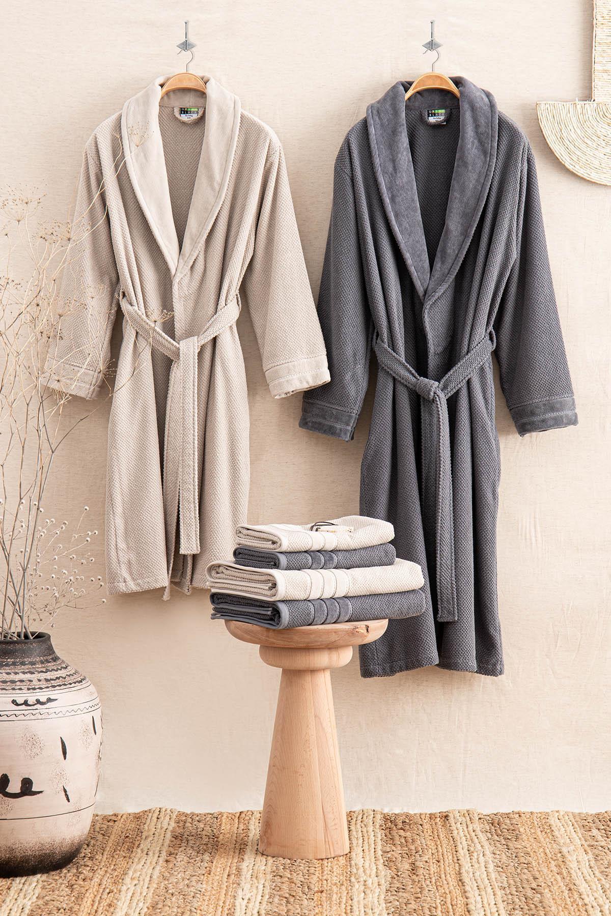 Ecocotton Anna Aile Bornoz Seti 10 Parça %100 Pamuk Jakarlı Bej/Lacivert - M/L