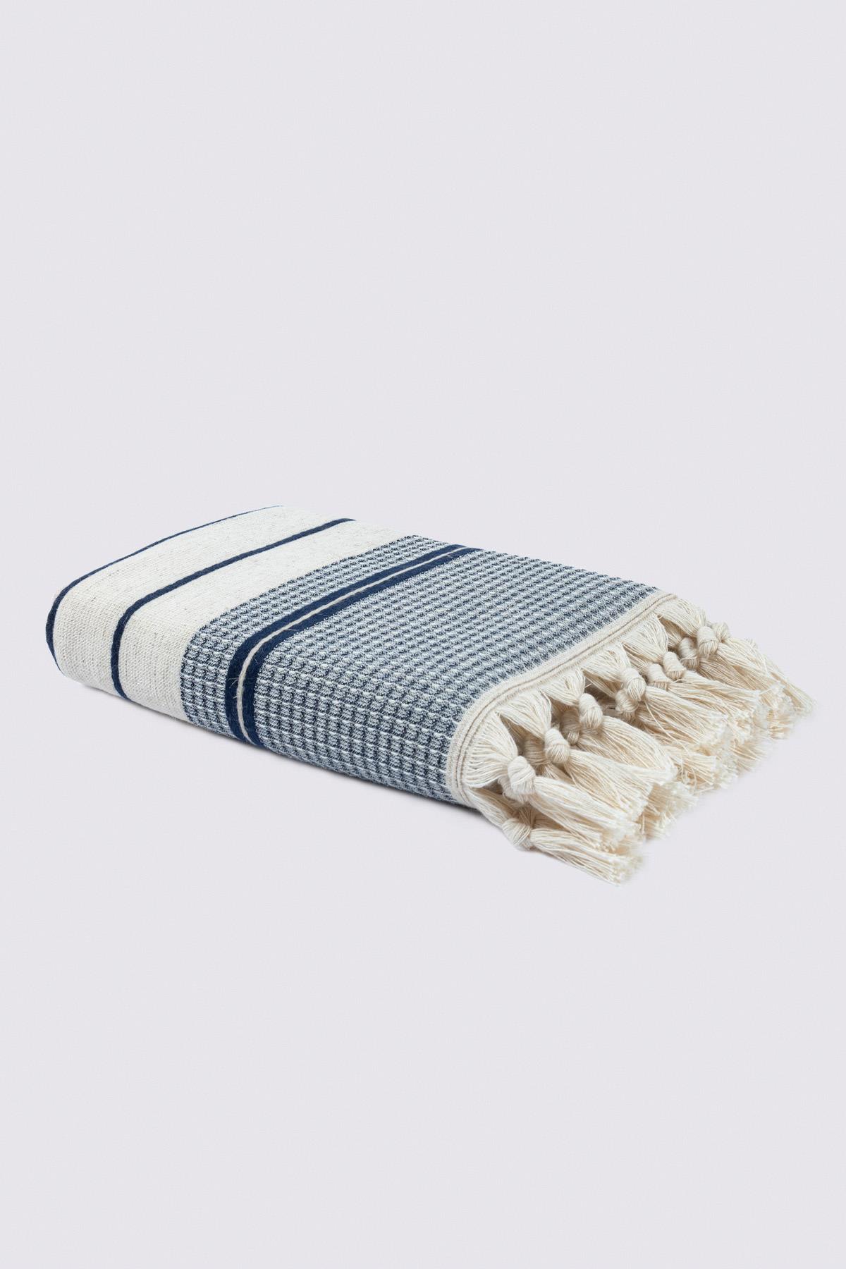Ecocotton Arden El Yüz Havlusu %100 Organik Pamuk Karışımlı Kenevir Havlu Lacivert-Bej 50x90 Cm