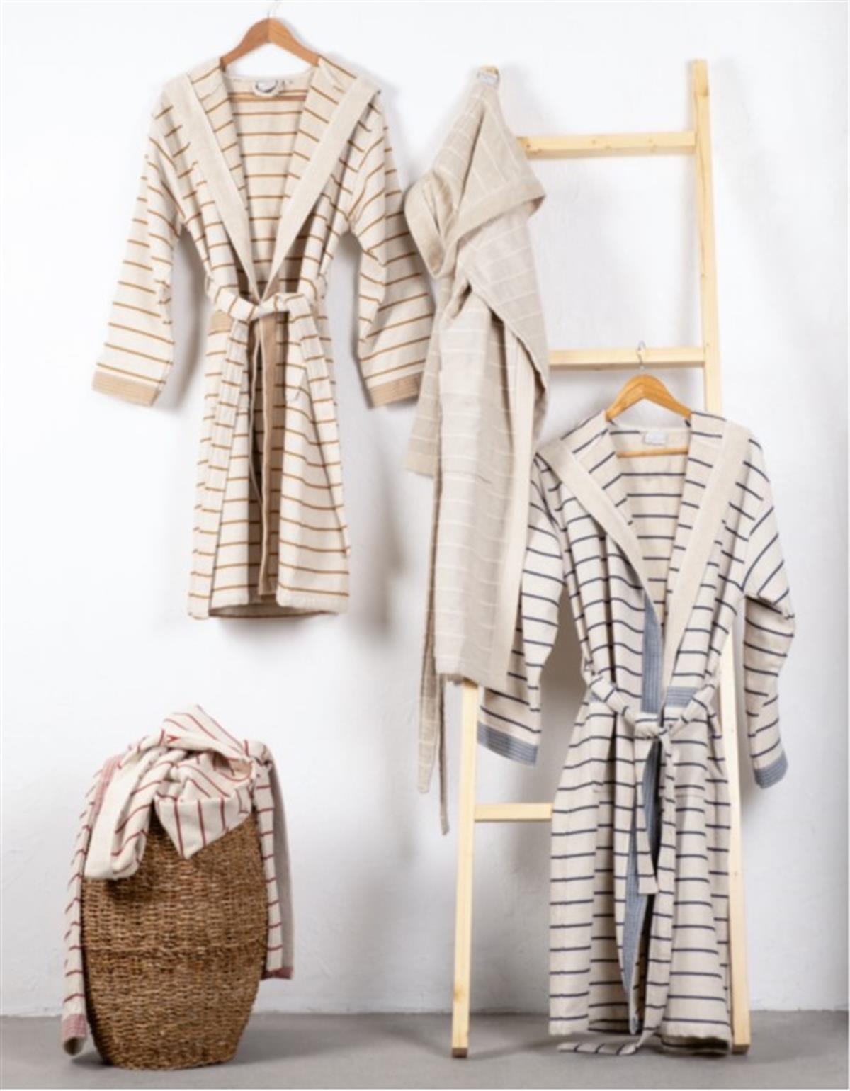 Ecocotton Arden Erkek Bornoz %100 Organik Pamuk Kenevir Karışımlı Bornoz Çizgili Lacivert