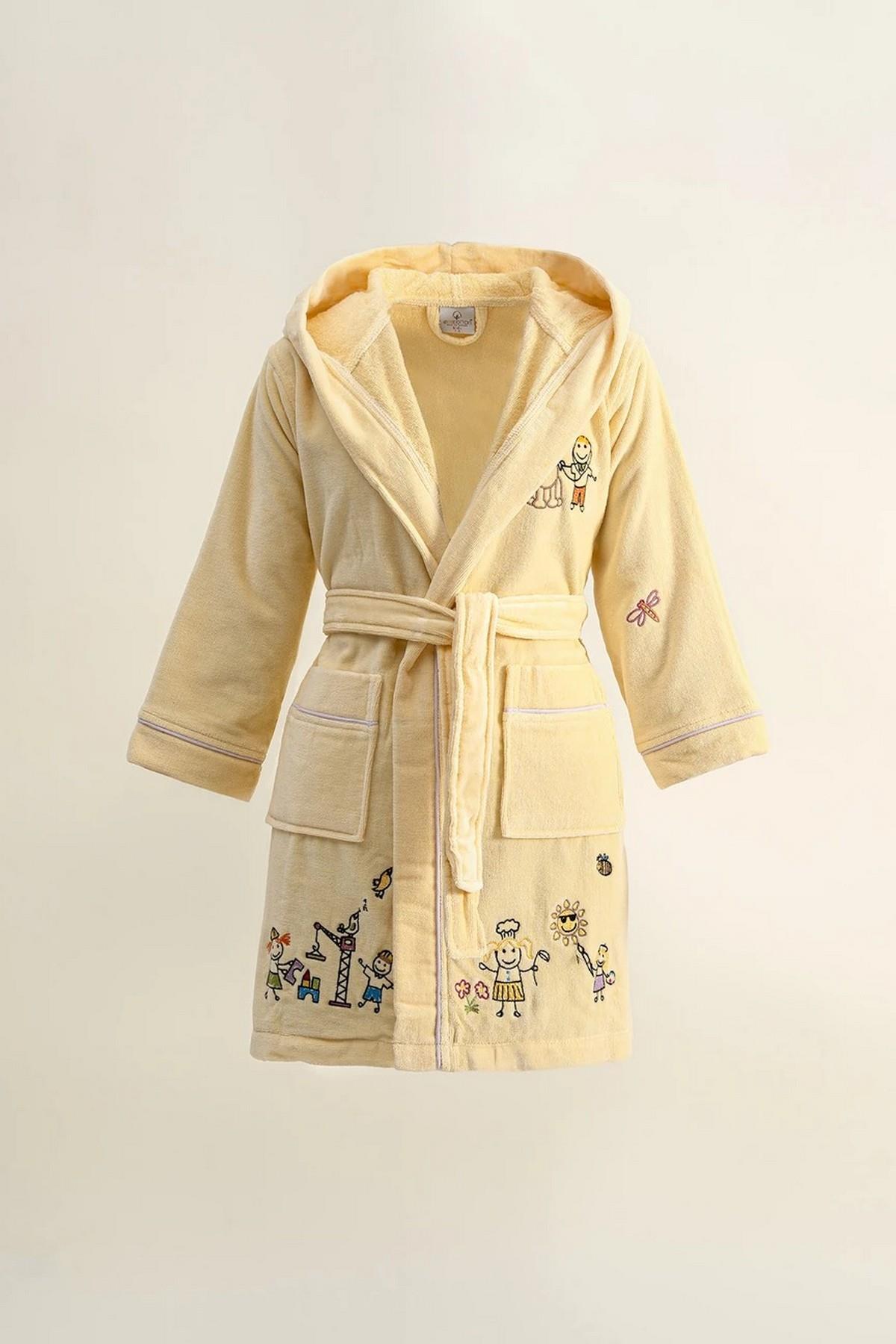 Ecocotton Carnaval Unisex Çocuk Bornoz %100 Organik PamukNakışlı Sarı