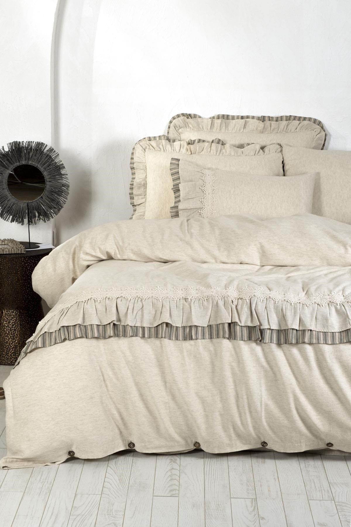 Ecocotton Dalya Çift Kişilik Nevresim Takımı %100 Organik Pamuk Keten Fırfırlı Yeşil 200x220 Cm Yeşil