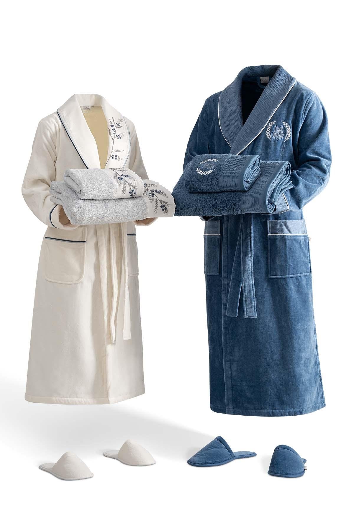 Ecocotton Derin Aile Bornoz Seti %100 Organik Pamuk Nakışlı Krem/Mavi - M/L