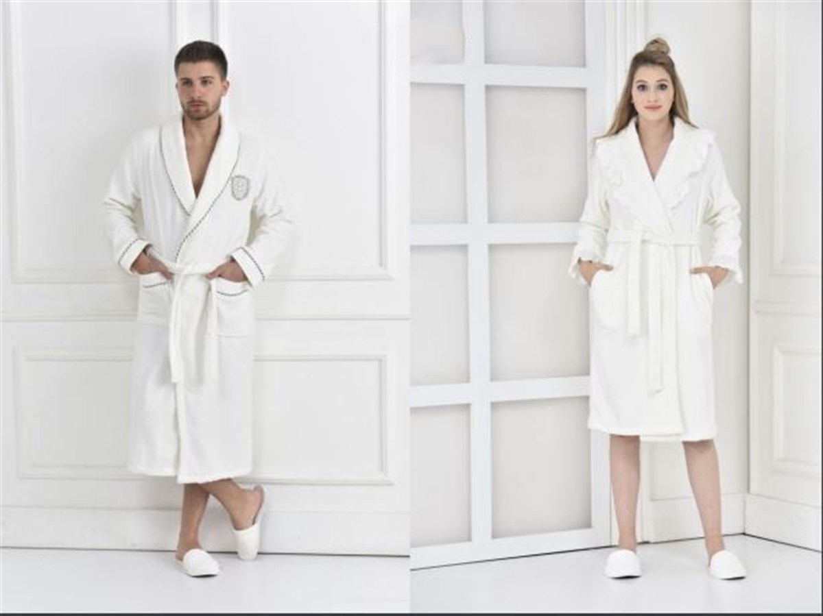 Ecocotton Elsa Aile Bornoz Seti %100 Organik Pamuk Nakışlı Krem/Krem M/L