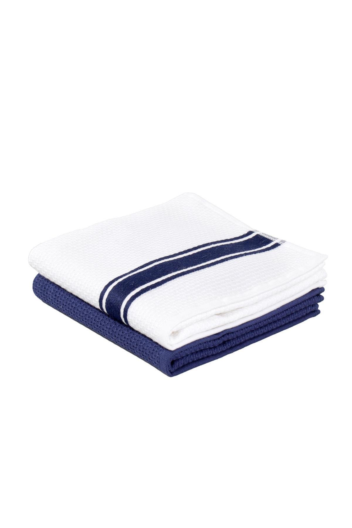 Ecocotton Elvin 2'li Kurulama Havlusu %100 Organik Pamuklu Özel Dokuma Lacivert-Krem 40X60 Cm