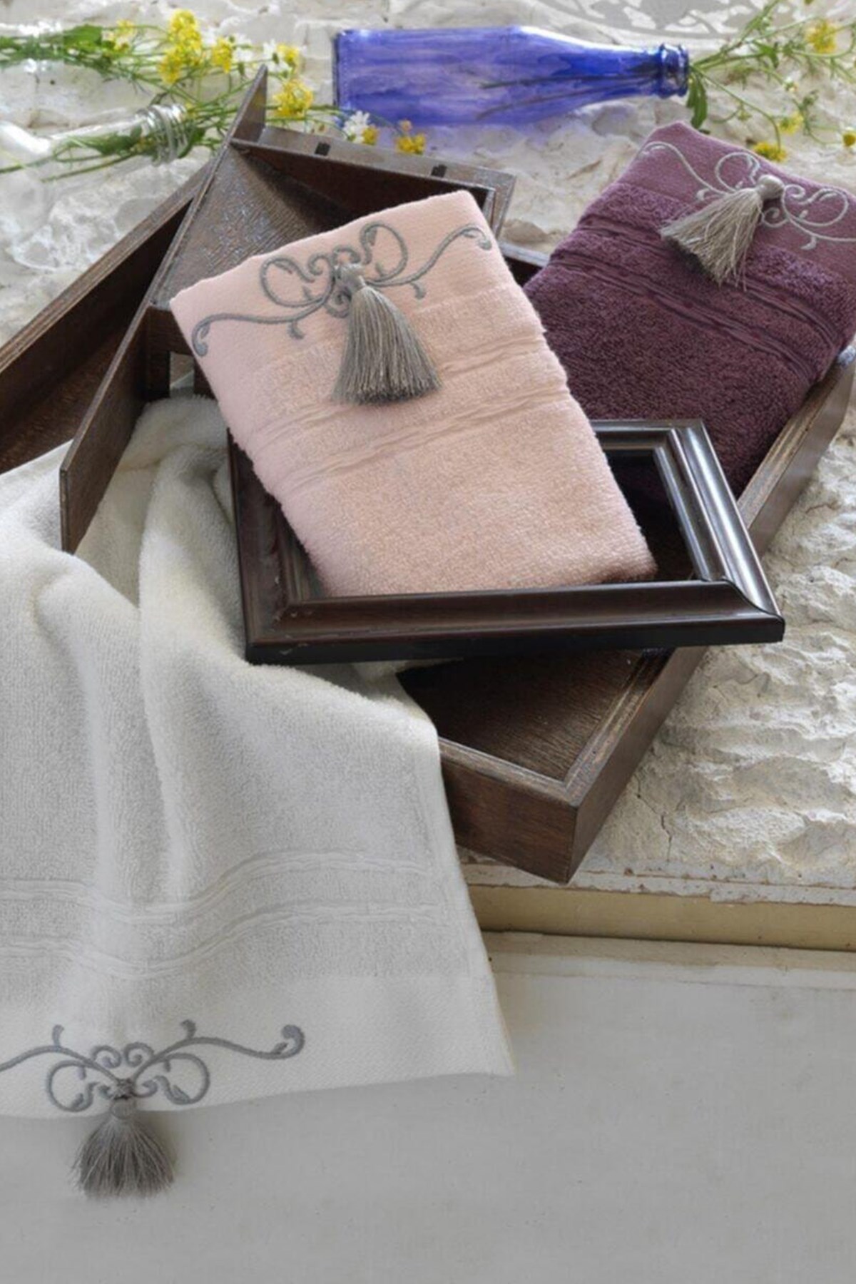 Ecocotton Emily Mutfak Havlu Seti Beyaz-Pudra-Mürdüm 30*50
