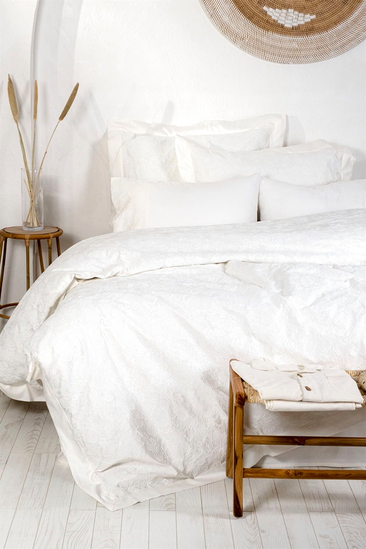 Ecocotton Eslina Çift Kişilik Nevresim Takımı %100 Organik Pamuk Saten Brodeli Krem 200x220 cm