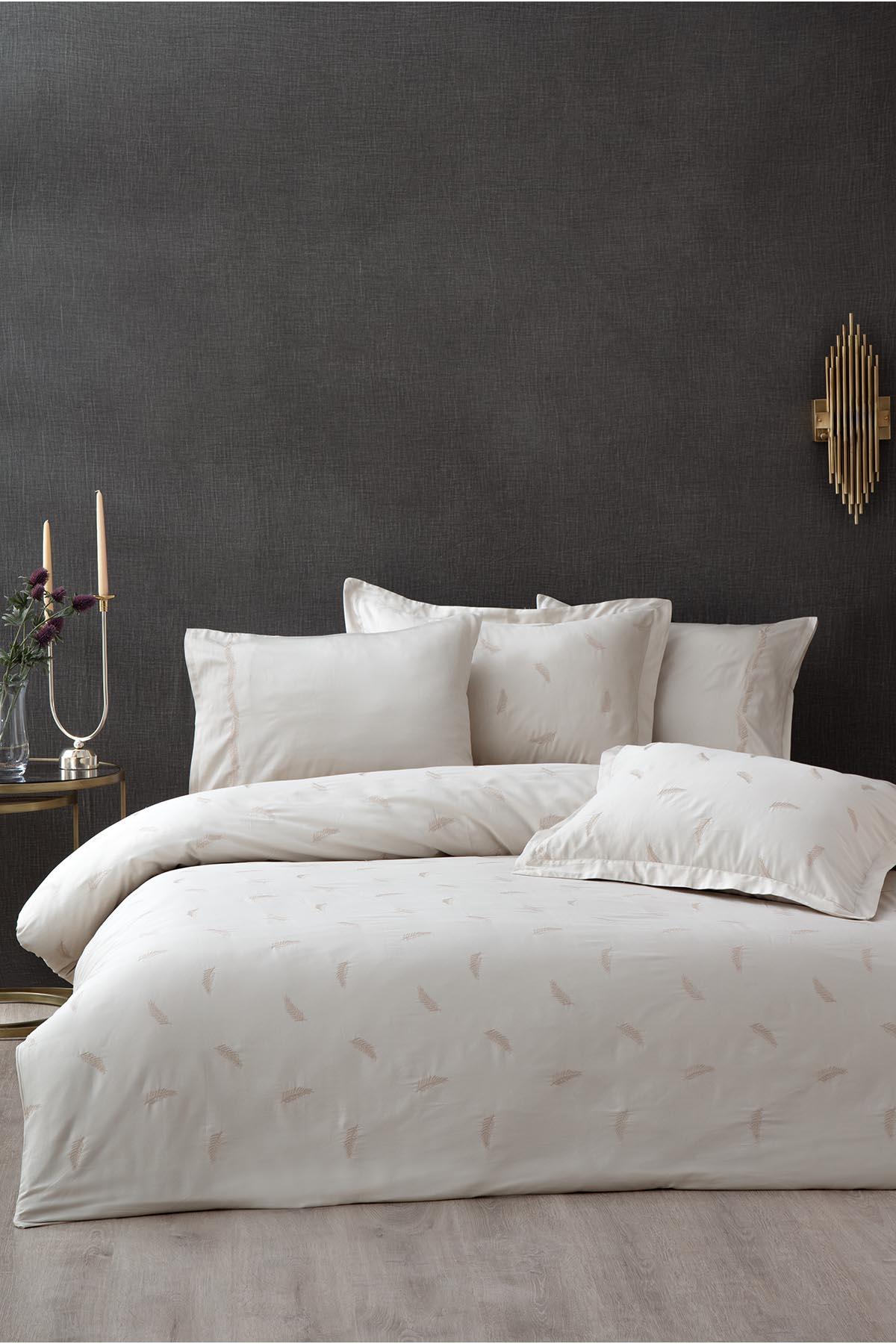 Ecocotton Güz Çift Kişilik Nevresim Takımı %100 Organik Pamuk Saten Brodeli Bej 200x220 Cm
