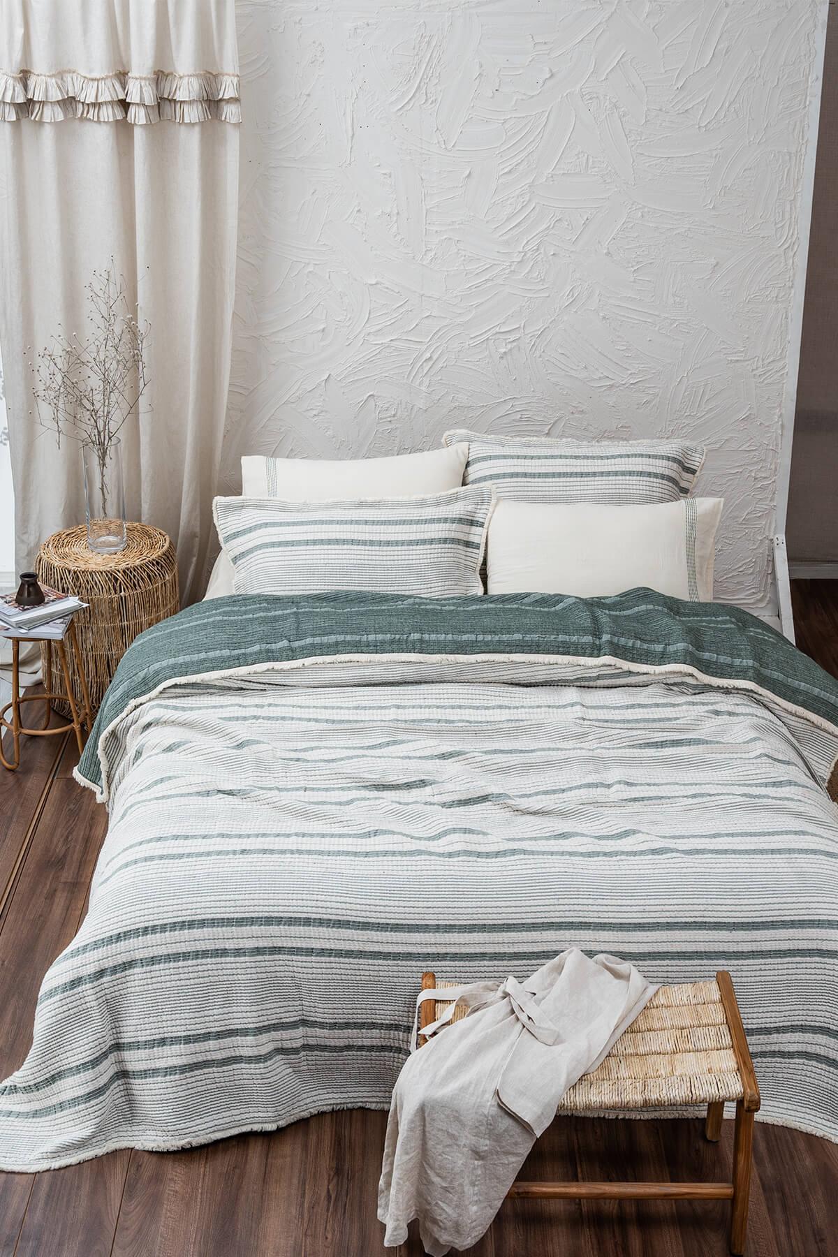 Ecocotton Hivda Çift Kişilik Yatak Örtüsü %100 Organik Pamuk Müslin Dolgulu Yeşil 240X260 Cm