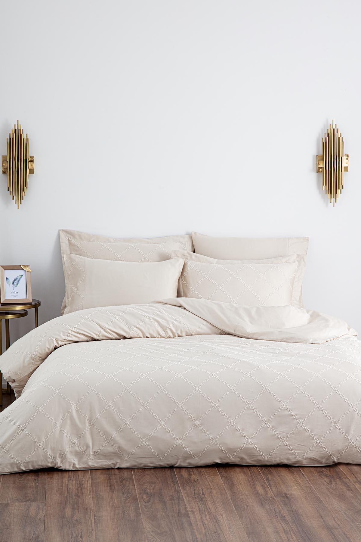 Ecocotton Mahfer Çift Kişilik Nevresim Takımı %100 Organik Pamuk Saten Brodeli Bej 200x220 Cm Bej