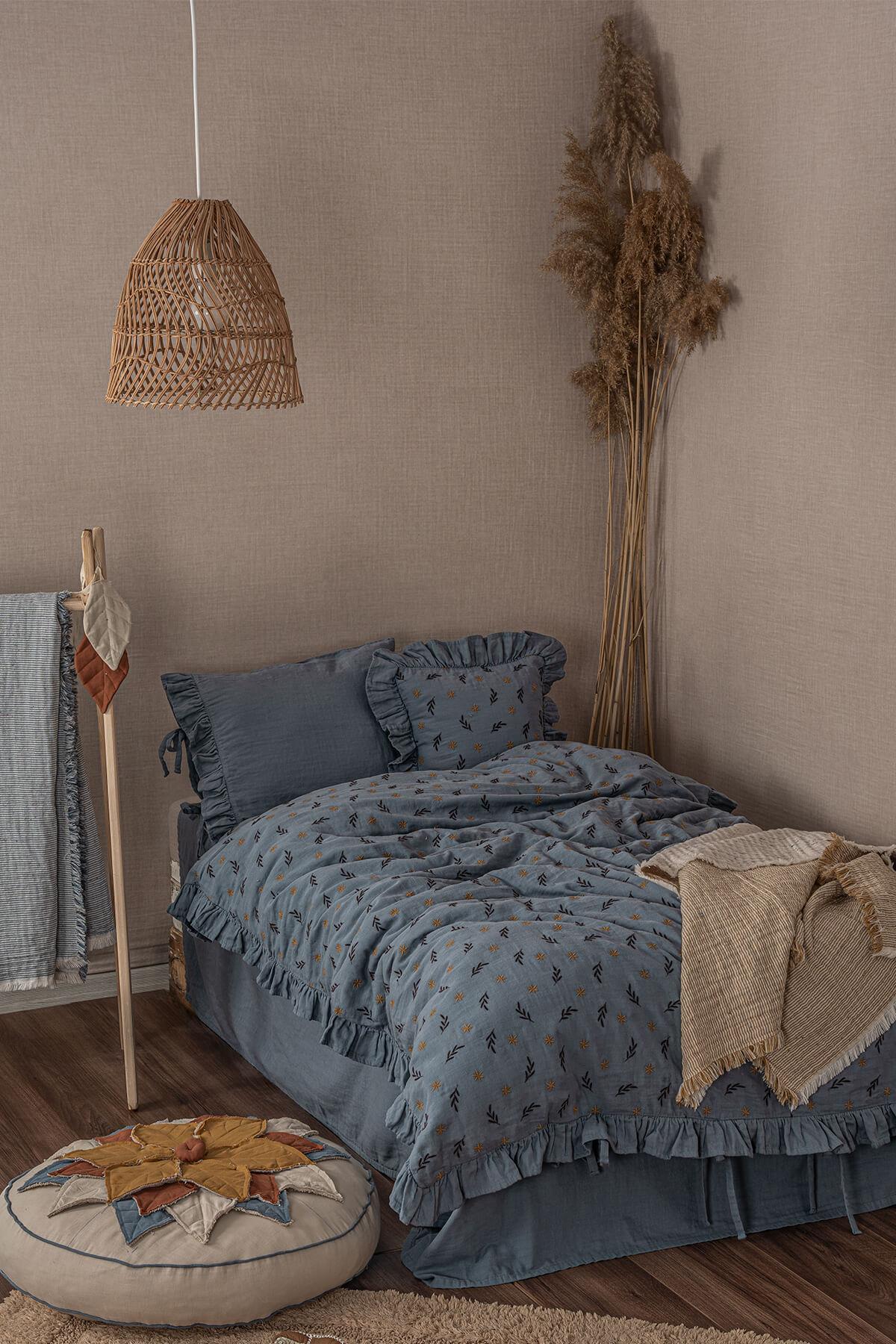 Ecocotton Mirela Bebek Nevresim Takımı %100 Organik Pamuk Müslin Nakışlı Lacivert 100x150 Cm