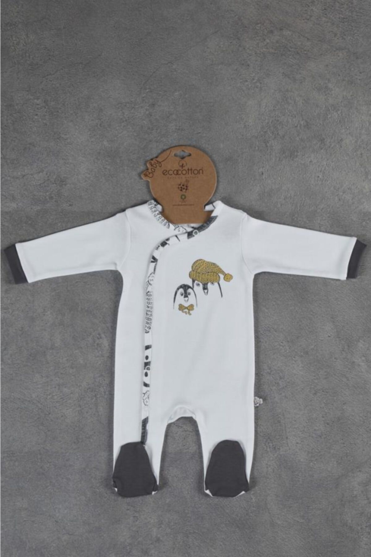 Ecocotton Pingu Baskısız Tulum Beyaz 3-6 Ay