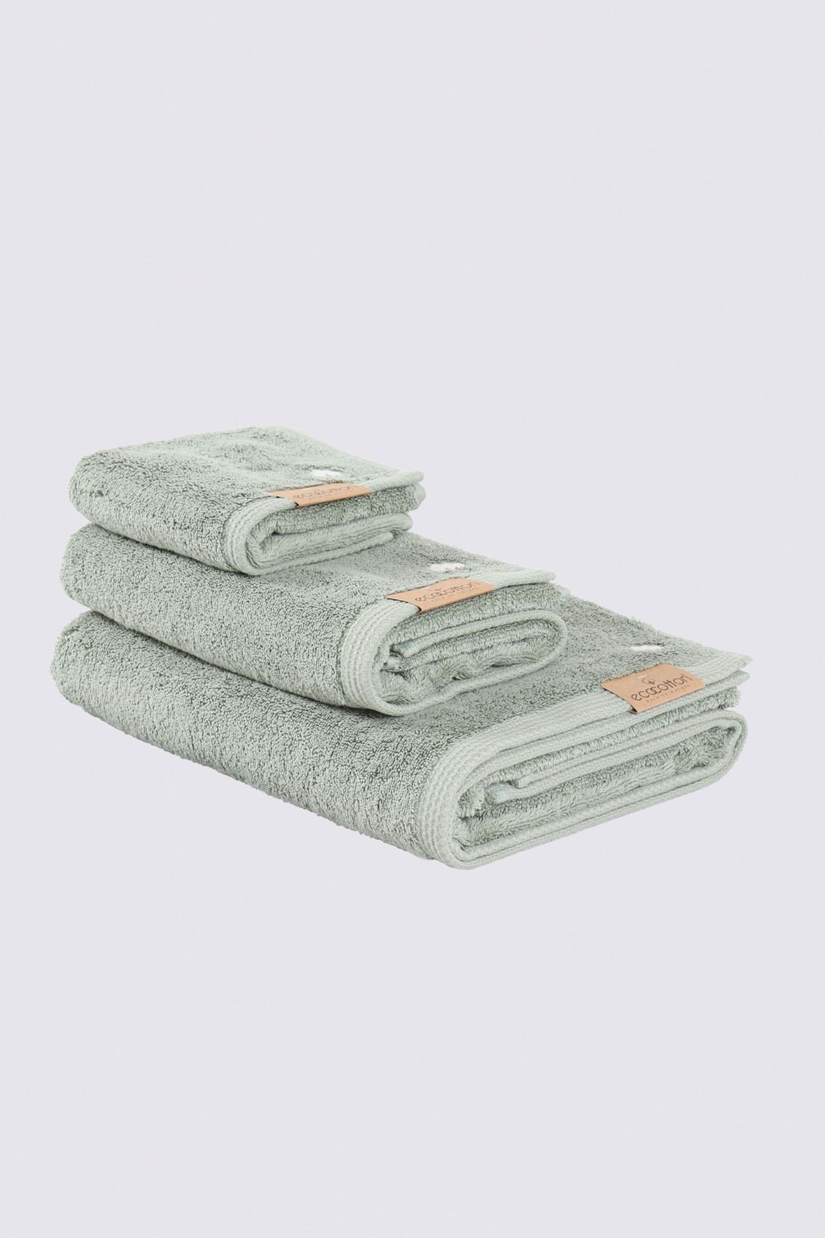 Ecocotton Pure Cotton 3 lü Havlu Seti %100 Organik Pamuk Bez Bordürlü Nakışlı Yeşil