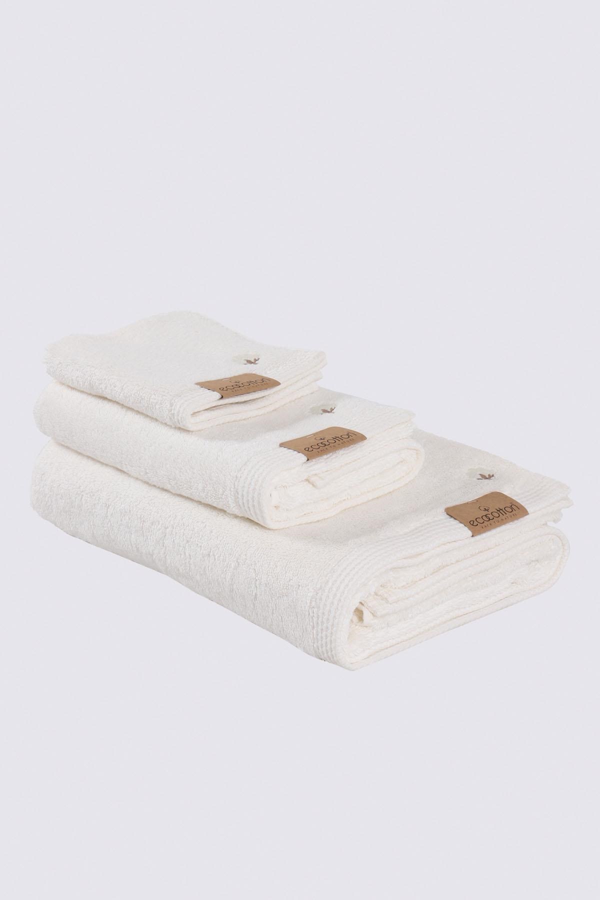 Ecocotton Pure Cotton 3'lü Havlu Seti %100 Organik Pamuk Kelebek Bordürlü Nakışlı Krem