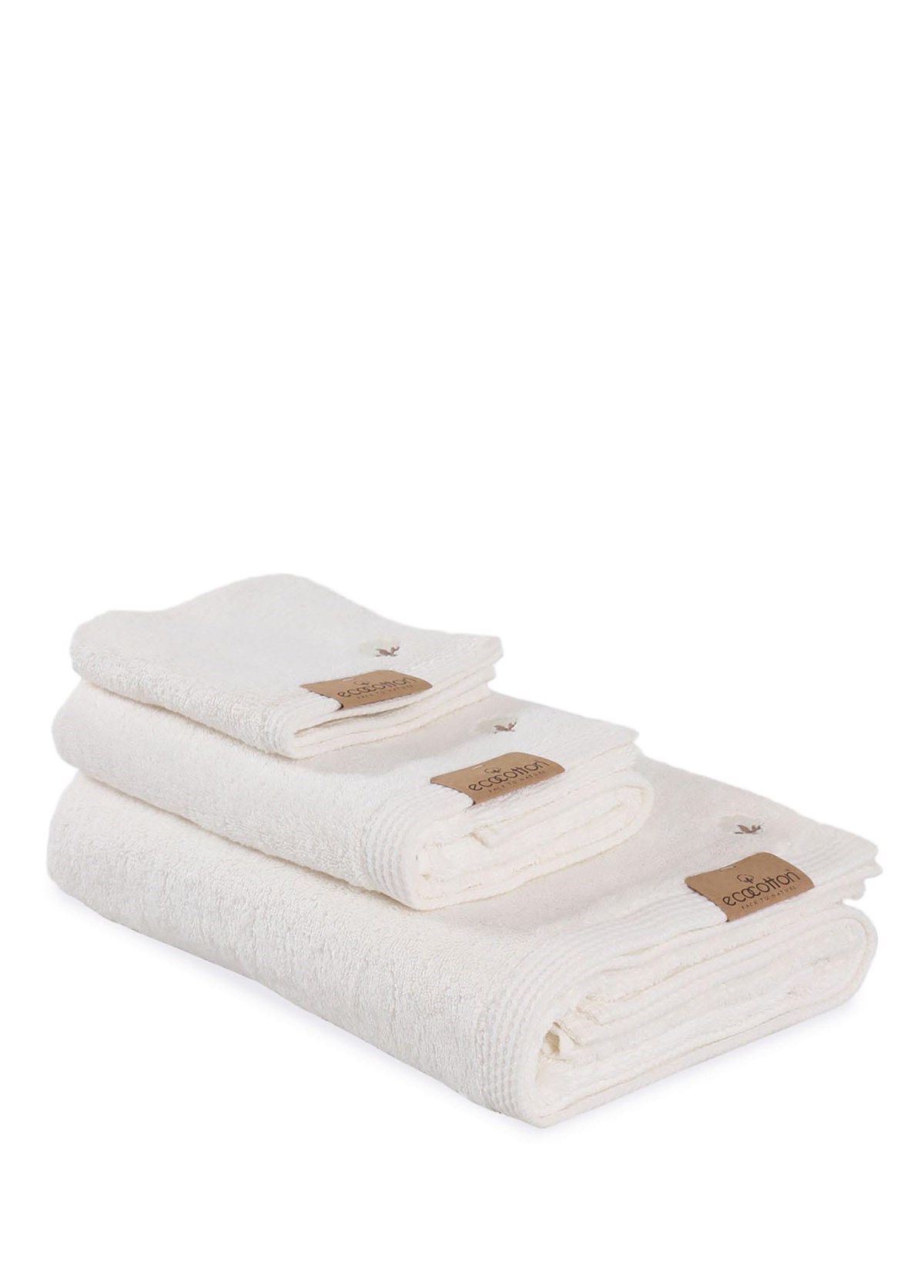 Ecocotton Pure Cotton 3'lü Havlu Seti %100 Organik Pamuk Bez Bordürlü Nakışlı Krem