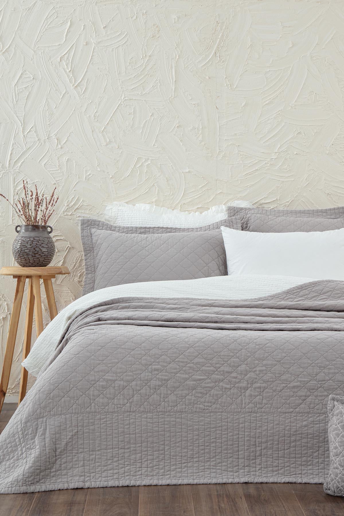 Ecocotton Reha Çift Kişilik Yatak Örtüsü Takımı %100 Pamuk Açık Gri 240x260 Cm
