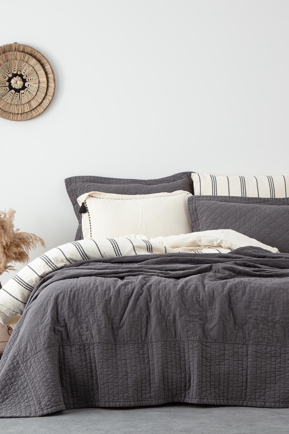 Ecocotton Reha Çift Kişilik Yatak Örtüsü Takımı %100 Pamuk Antrasit 240x260 Cm