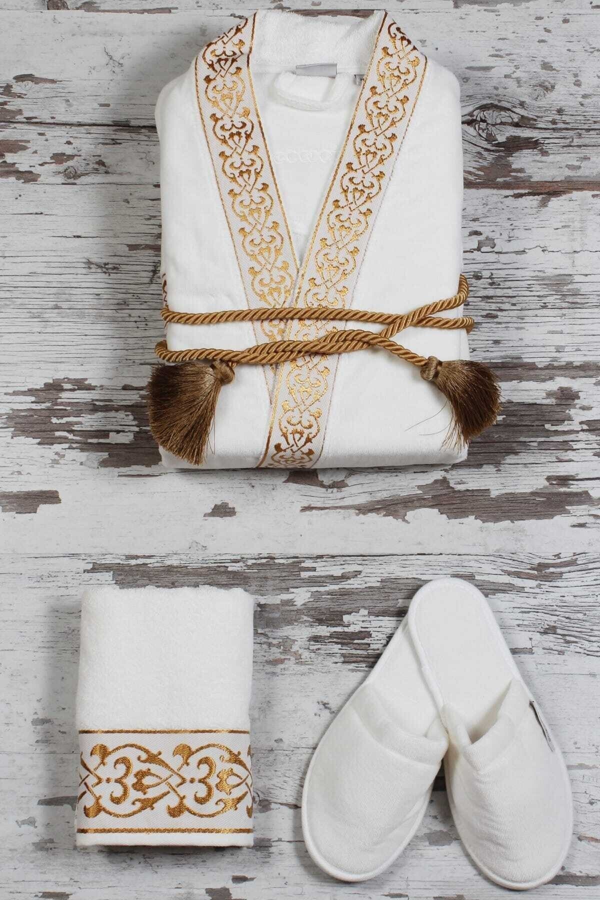 Ecocotton Şehzade Erkek Bornoz Seti L Krem