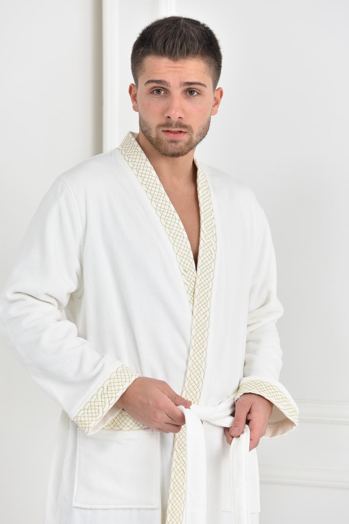 Ecocotton Tuğra Erkek Bornoz Krem Large