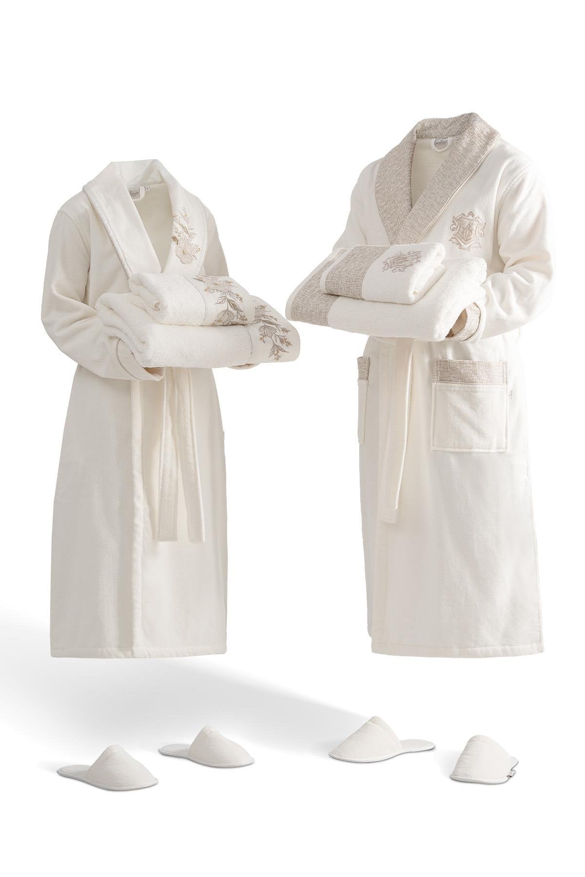 Ecocotton Vanya Aile Bornoz Seti %100 Organik Pamuk Nakışlı Krem/Krem - M/L
