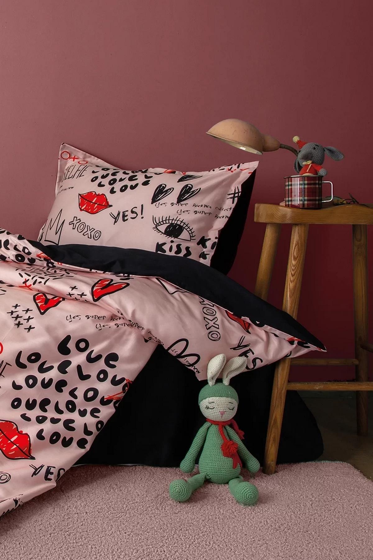 İssimo Xoxo 210 TC (83 Tel) Dijital Pamuk Saten Nevresim Takımı Tek Kişilik