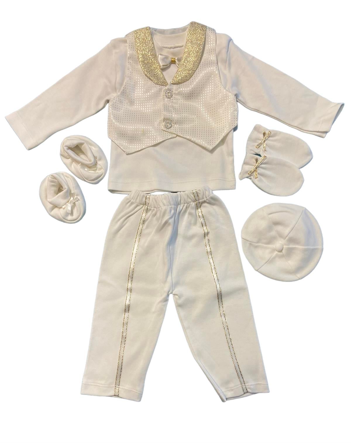 MiniWorld Bebek Mevlüt Kıyafeti Süleyman Altın Şal Desen 5 parça Set